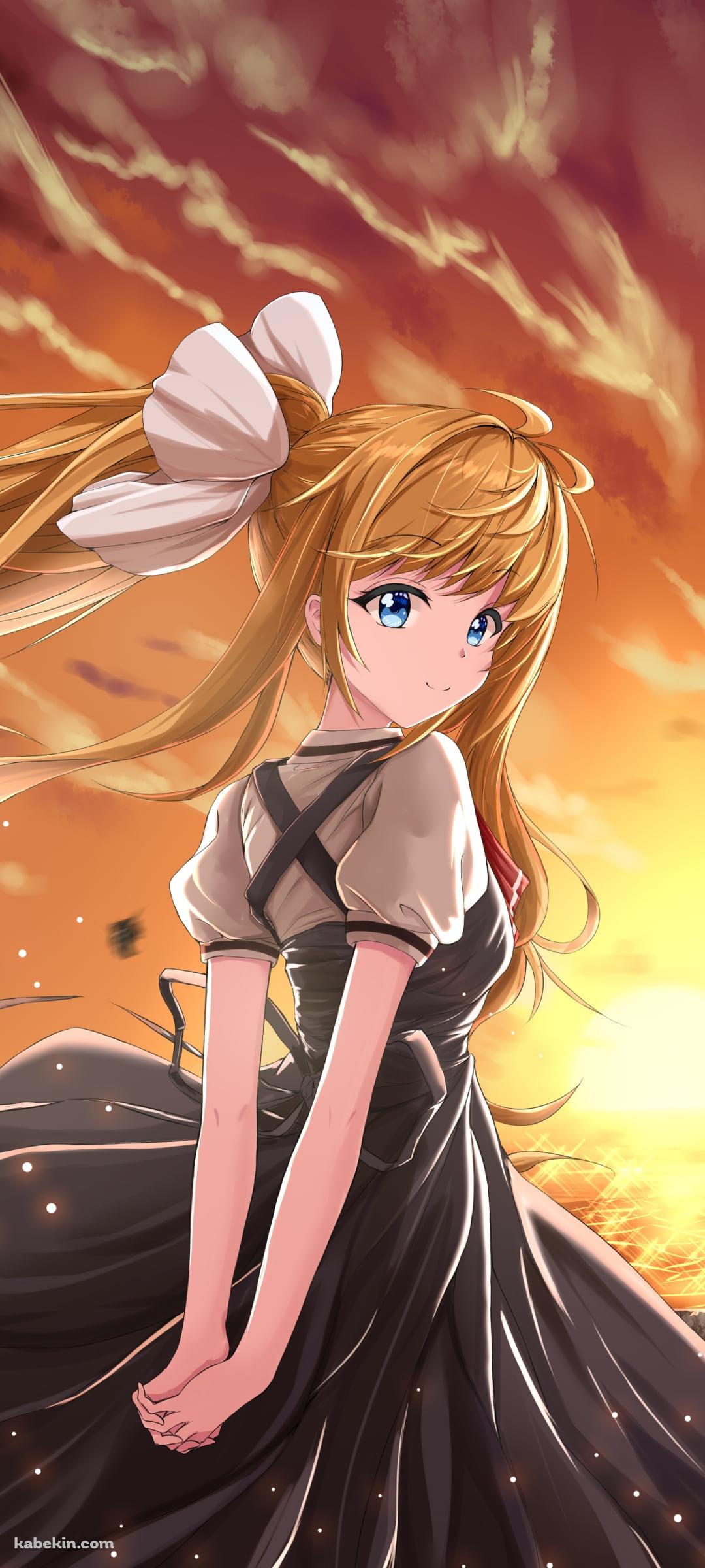 夕暮れ時の海と振り返る神尾観鈴（かみおみすず） / AIRのAndroidの壁紙(1080px x 2400px) スマホ用