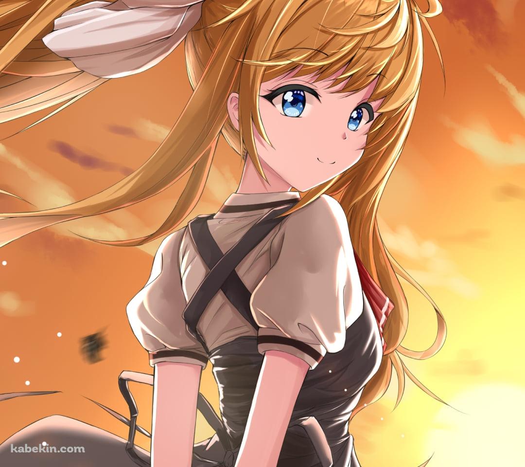 夕暮れ時の海と振り返る神尾観鈴（かみおみすず） / AIRのAndroidの壁紙(1080px x 960px) スマホ用