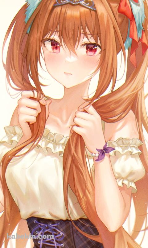 オレンジのロングヘア―の両端を掴む可愛いダイワスカーレット / ウマ娘プリティーダービーのAndroidの壁紙(480px x 800px) スマホ用
