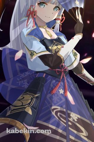 桜舞う中で扇子を持って舞う神里綾華 / 原神のAndroidの壁紙(320px x 480px) スマホ用