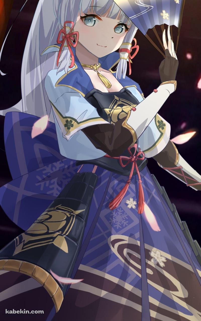 桜舞う中で扇子を持って舞う神里綾華 / 原神のAndroidの壁紙(800px x 1280px) スマホ用
