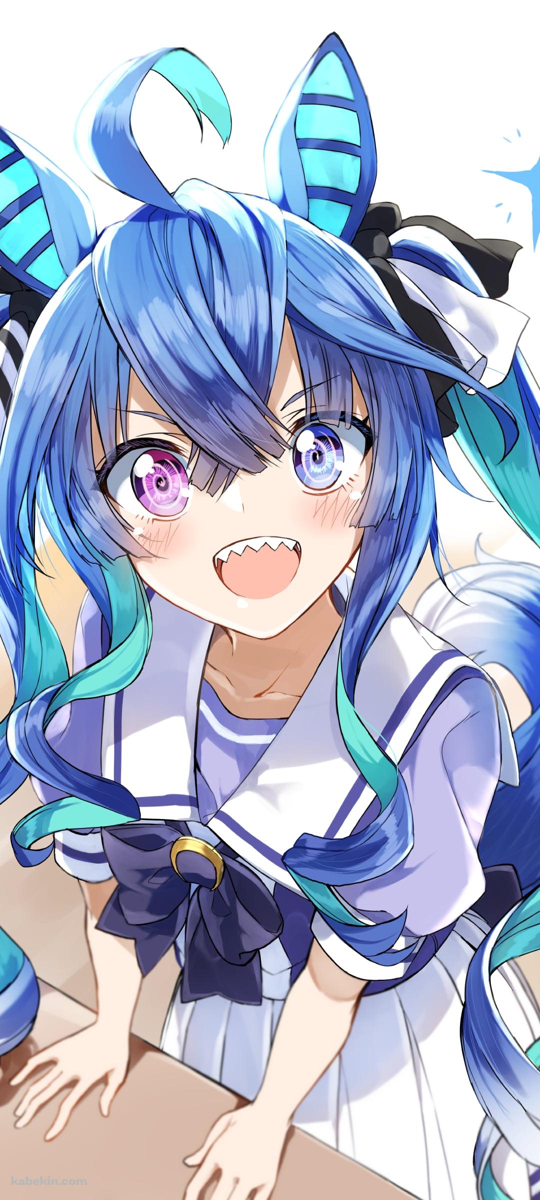 机に両手をついた笑顔のツインターボ / ウマ娘プリティーダービーのAndroidの壁紙(1080px x 2400px) スマホ用