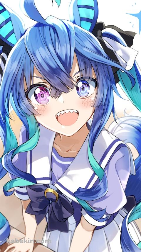 机に両手をついた笑顔のツインターボ / ウマ娘プリティーダービーのAndroidの壁紙(480px x 854px) スマホ用