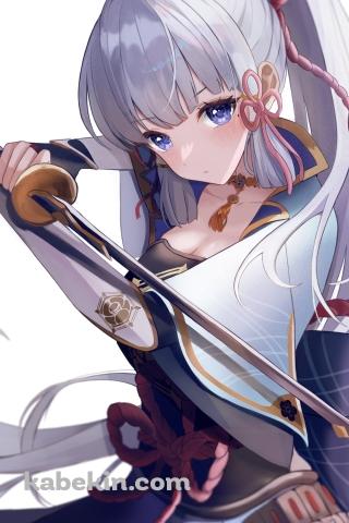 霞の構えで剣を持つ神里綾華（かみさとあやか） / 原神のAndroidの壁紙(320px x 480px) スマホ用