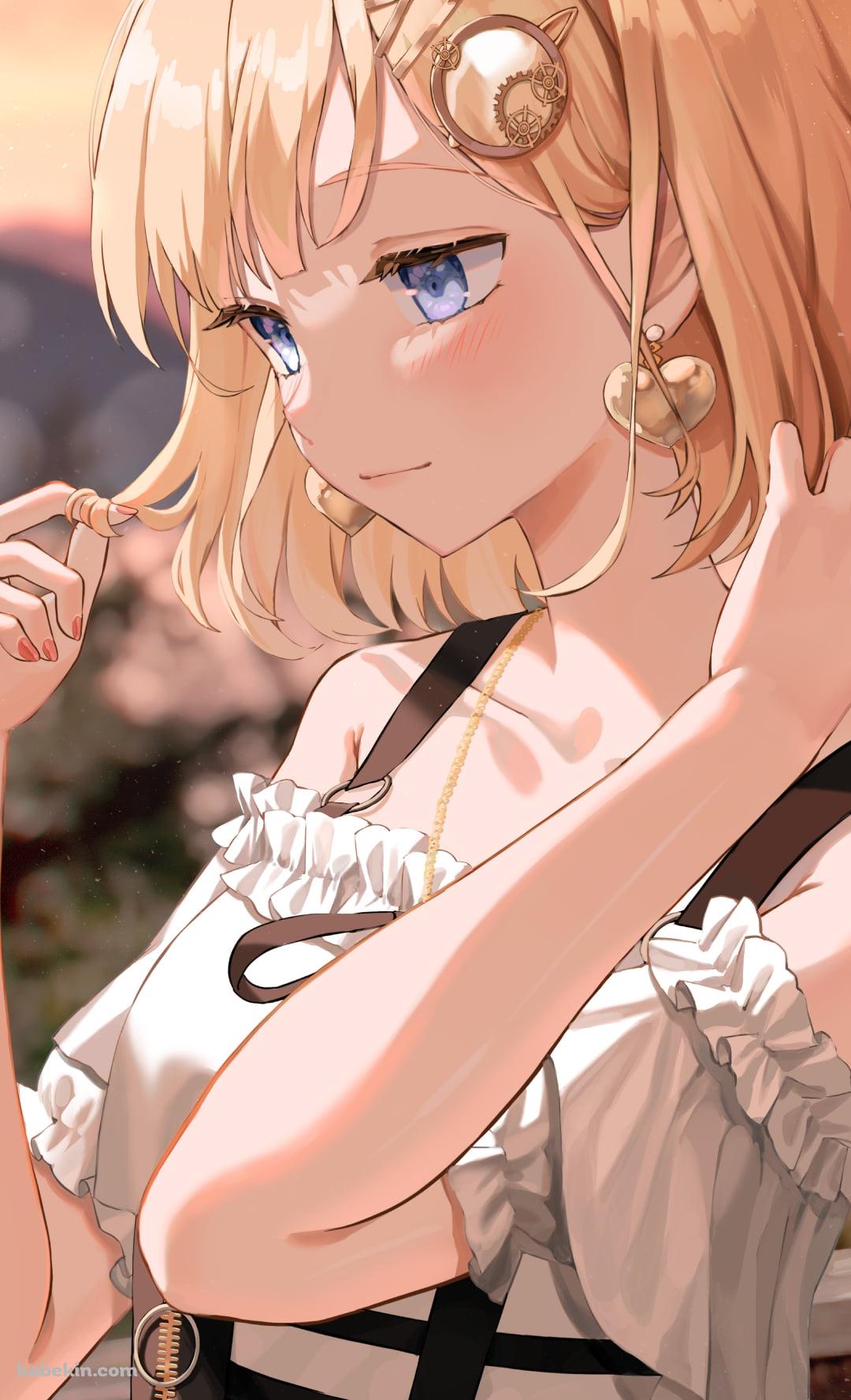 夕暮れ、髪を触り見つめるワトソン・アメリア / ホロライブ / バーチャルYouTuber / VtuberのAndroidの壁紙(1080px x 1776px) スマホ用