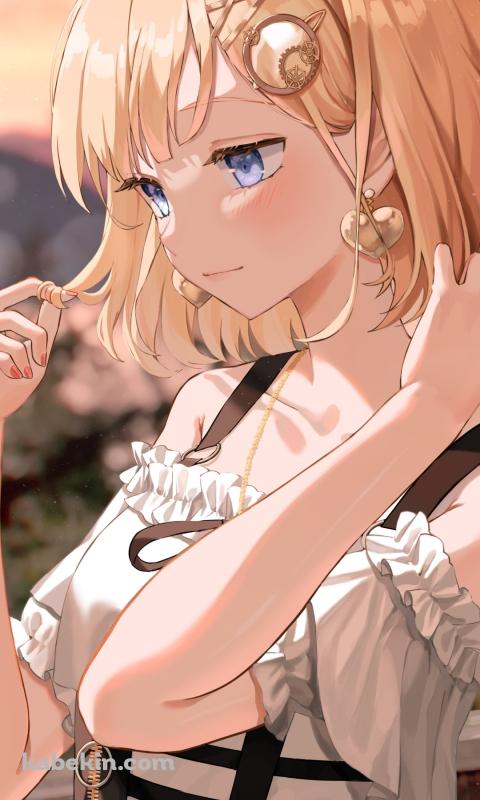 夕暮れ、髪を触り見つめるワトソン・アメリア / ホロライブ / バーチャルYouTuber / VtuberのAndroidの壁紙(480px x 800px) スマホ用