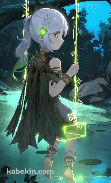 湖の上の緑に光るブランコに乗り、こちらを見るナヒーダ / 原神のAndroidの壁紙(360px x 592px) スマホ用