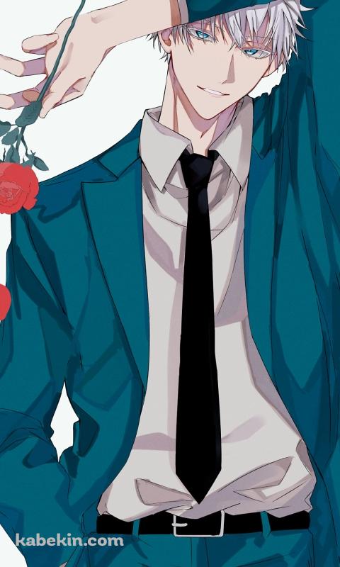 緑のスーツを着て赤い薔薇を持つ五条悟 / 呪術廻戦のAndroidの壁紙(480px x 800px) スマホ用