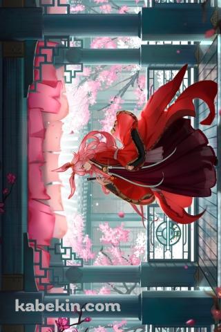 庭園に桜や梅が咲く綺麗な屋敷に佇む八重桜 / 崩壊学園 / 崩壊3rd / 崩坏3rdのAndroidの壁紙(320px x 480px) スマホ用