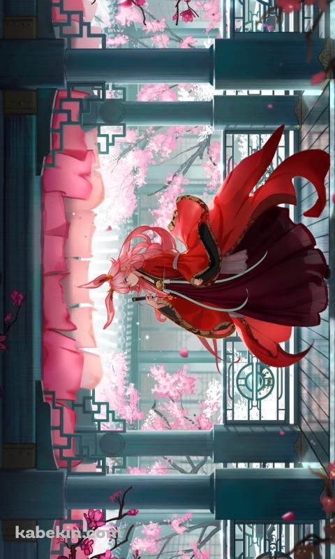 庭園に桜や梅が咲く綺麗な屋敷に佇む八重桜 / 崩壊学園 / 崩壊3rd / 崩坏3rdのAndroidの壁紙(480px x 800px) スマホ用