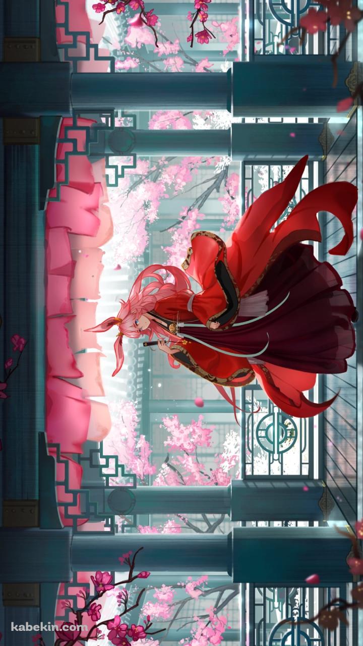 庭園に桜や梅が咲く綺麗な屋敷に佇む八重桜 / 崩壊学園 / 崩壊3rd / 崩坏3rdのAndroidの壁紙(720px x 1280px) スマホ用