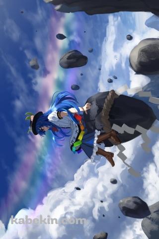 浮遊する岩に乗る比那名居天子（ひななゐてんし） / てんこ / 紙垂 / しめ縄 / 東方のAndroidの壁紙(320px x 480px) スマホ用