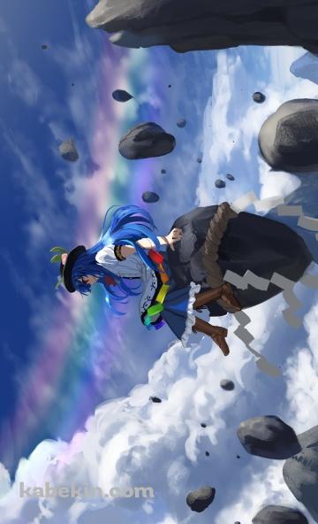 浮遊する岩に乗る比那名居天子（ひななゐてんし） / てんこ / 紙垂 / しめ縄 / 東方のAndroidの壁紙(360px x 592px) スマホ用