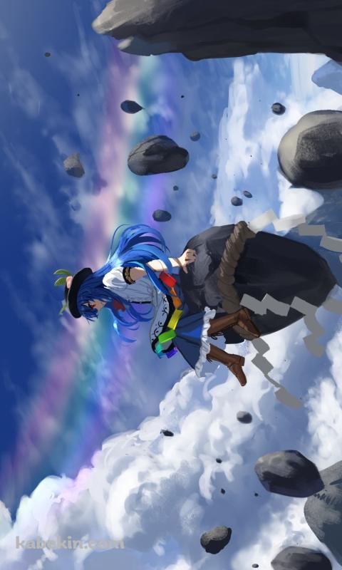 浮遊する岩に乗る比那名居天子（ひななゐてんし） / てんこ / 紙垂 / しめ縄 / 東方のAndroidの壁紙(480px x 800px) スマホ用