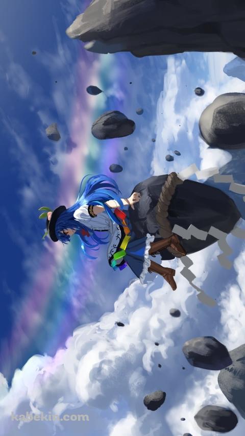 浮遊する岩に乗る比那名居天子（ひななゐてんし） / てんこ / 紙垂 / しめ縄 / 東方のAndroidの壁紙(480px x 854px) スマホ用