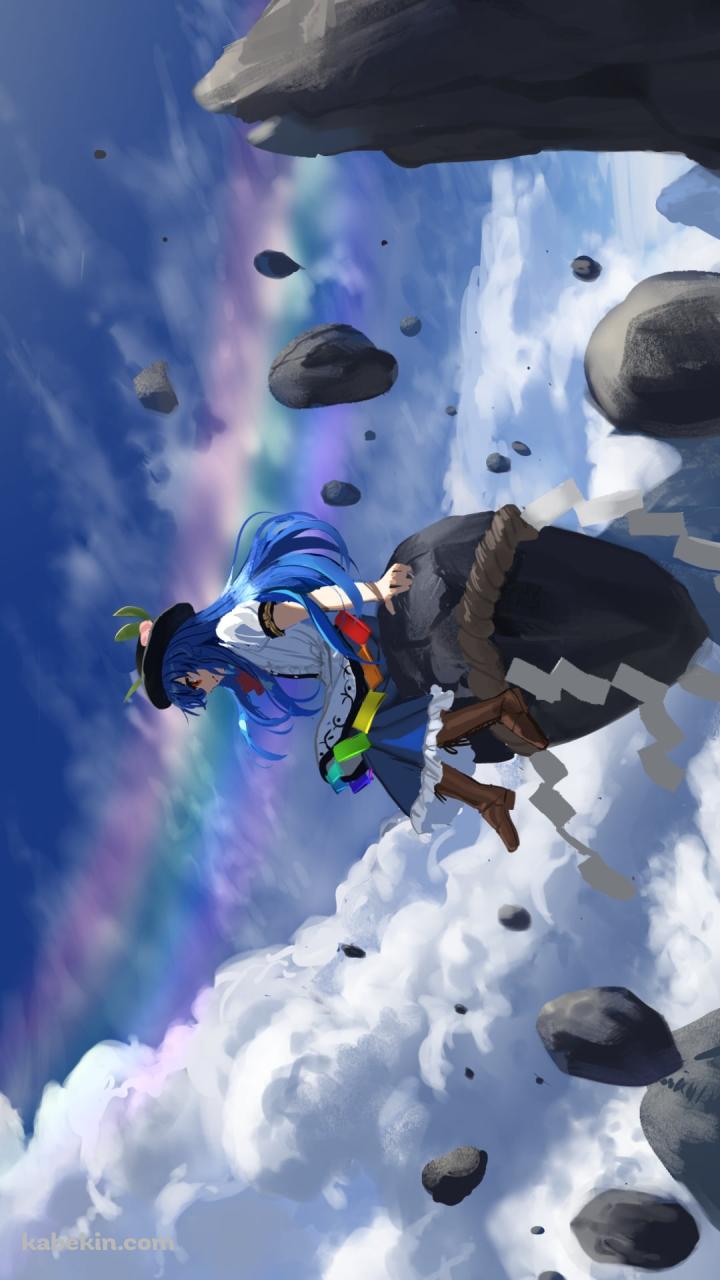 浮遊する岩に乗る比那名居天子（ひななゐてんし） / てんこ / 紙垂 / しめ縄 / 東方のAndroidの壁紙(720px x 1280px) スマホ用