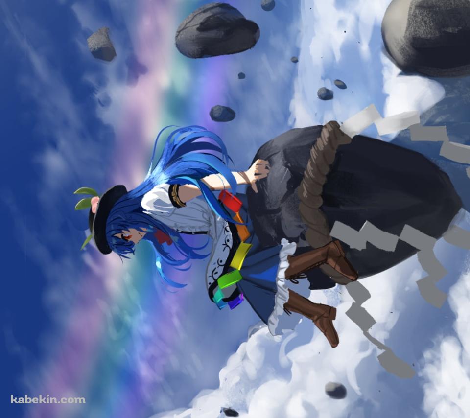 浮遊する岩に乗る比那名居天子（ひななゐてんし） / てんこ / 紙垂 / しめ縄 / 東方のAndroidの壁紙(960px x 854px) スマホ用