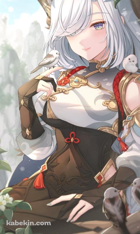 白と茶色の鳥と戯れる申鶴 / 原神のAndroidの壁紙(480px x 800px) スマホ用