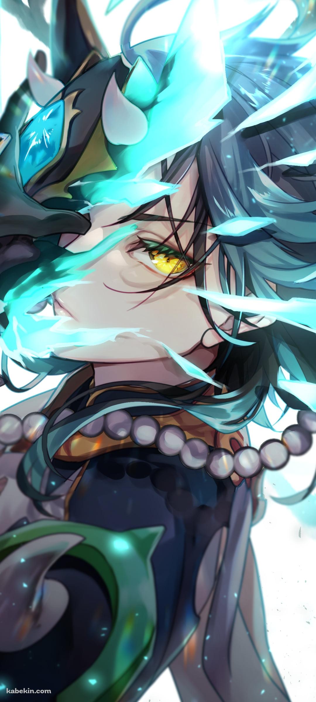 仮面を取りながら黄色い瞳でこちらを睨むかっこいい魈 (しょう) / 原神のAndroidの壁紙(1080px x 2400px) スマホ用