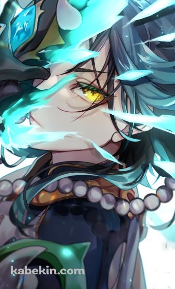 仮面を取りながら黄色い瞳でこちらを睨むかっこいい魈 (しょう) / 原神のAndroidの壁紙(360px x 592px) スマホ用