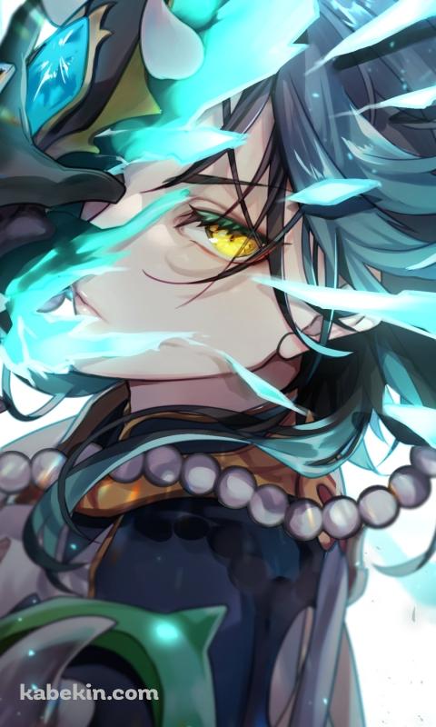 仮面を取りながら黄色い瞳でこちらを睨むかっこいい魈 (しょう) / 原神のAndroidの壁紙(480px x 800px) スマホ用