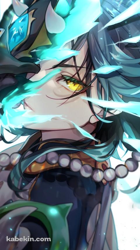 仮面を取りながら黄色い瞳でこちらを睨むかっこいい魈 (しょう) / 原神のAndroidの壁紙(480px x 854px) スマホ用