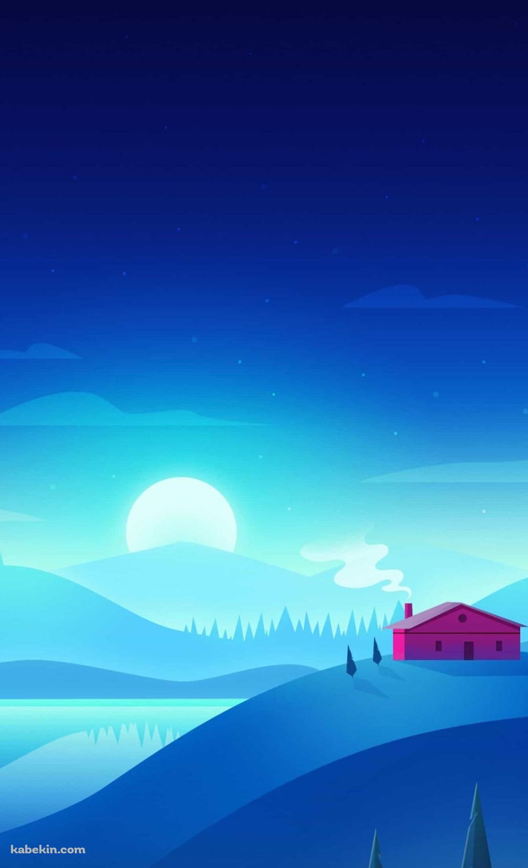 青い丘陵に立つ赤い家と朝日 / 夜 / 月のAndroidの壁紙(1080px x 1776px) スマホ用