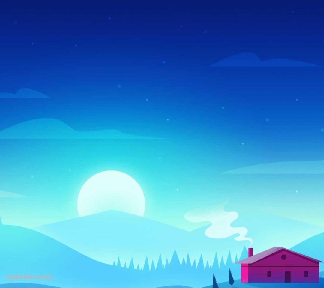 青い丘陵に立つ赤い家と朝日 / 夜 / 月のAndroidの壁紙(1080px x 960px) スマホ用