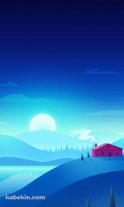 青い丘陵に立つ赤い家と朝日 / 夜 / 月のAndroidの壁紙(480px x 800px) スマホ用