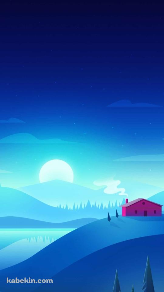 青い丘陵に立つ赤い家と朝日 / 夜 / 月のAndroidの壁紙(540px x 960px) スマホ用