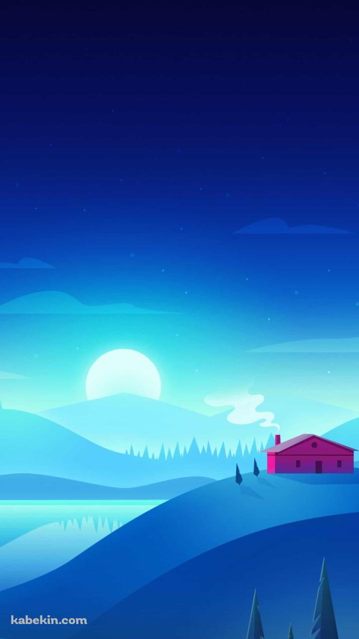 青い丘陵に立つ赤い家と朝日 / 夜 / 月のAndroidの壁紙(720px x 1280px) スマホ用