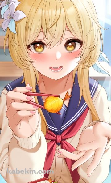 照れながらお弁当のエビフライを差し出す蛍 / しいたけ / ウィンナー / ミニトマト / タマゴ / 原神のAndroidの壁紙(360px x 592px) スマホ用