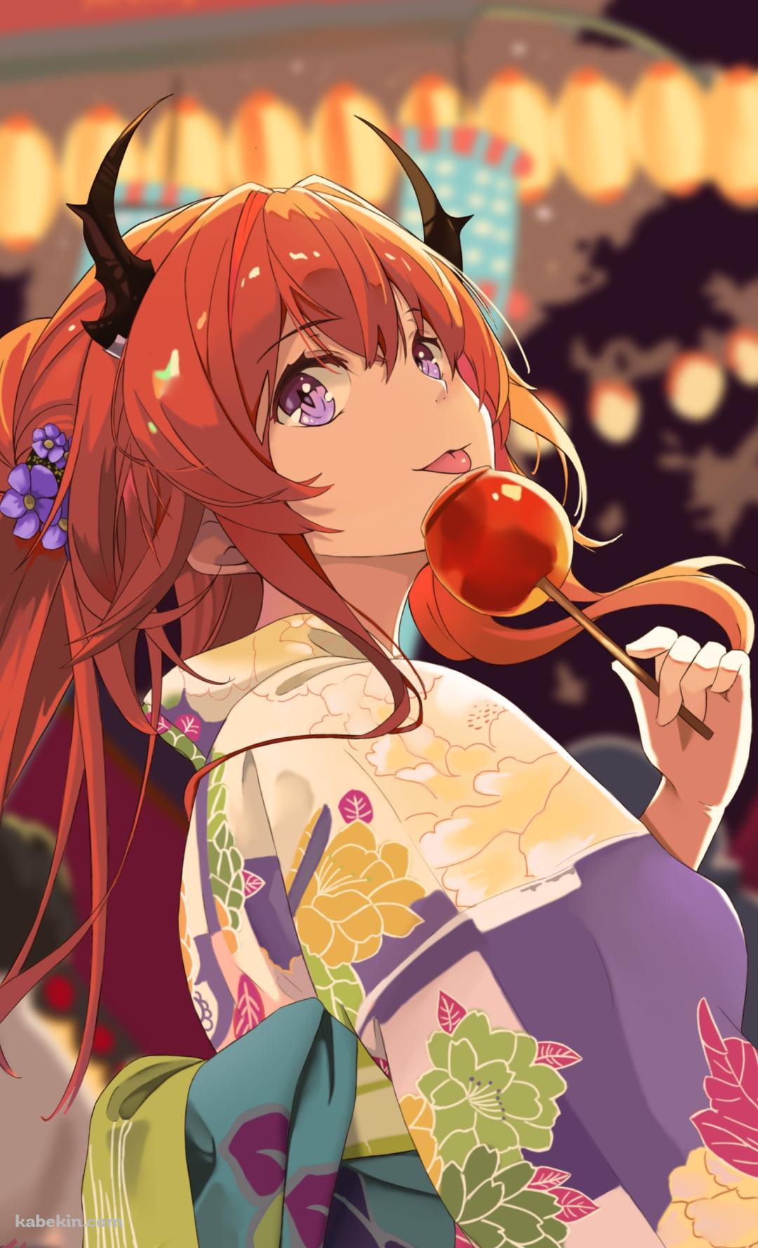 あんず飴を舐めるスルト / 黄色い浴衣 / 夏祭り / 屋台 / アークナイツのAndroidの壁紙(1080px x 1776px) スマホ用