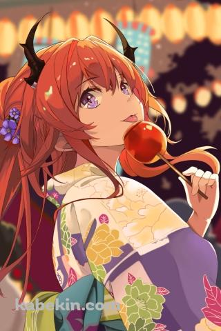 あんず飴を舐めるスルト / 黄色い浴衣 / 夏祭り / 屋台 / アークナイツのAndroidの壁紙(320px x 480px) スマホ用