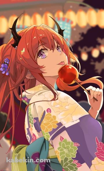 あんず飴を舐めるスルト / 黄色い浴衣 / 夏祭り / 屋台 / アークナイツのAndroidの壁紙(360px x 592px) スマホ用