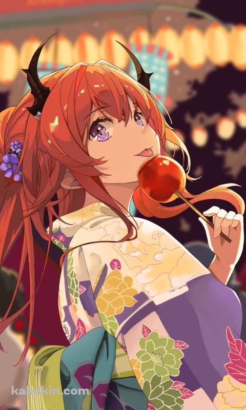 あんず飴を舐めるスルト / 黄色い浴衣 / 夏祭り / 屋台 / アークナイツのAndroidの壁紙(480px x 800px) スマホ用