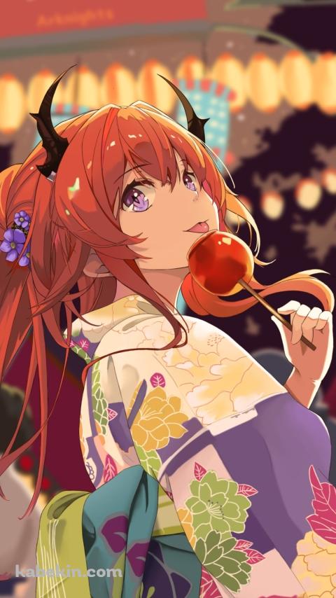あんず飴を舐めるスルト / 黄色い浴衣 / 夏祭り / 屋台 / アークナイツのAndroidの壁紙(480px x 854px) スマホ用