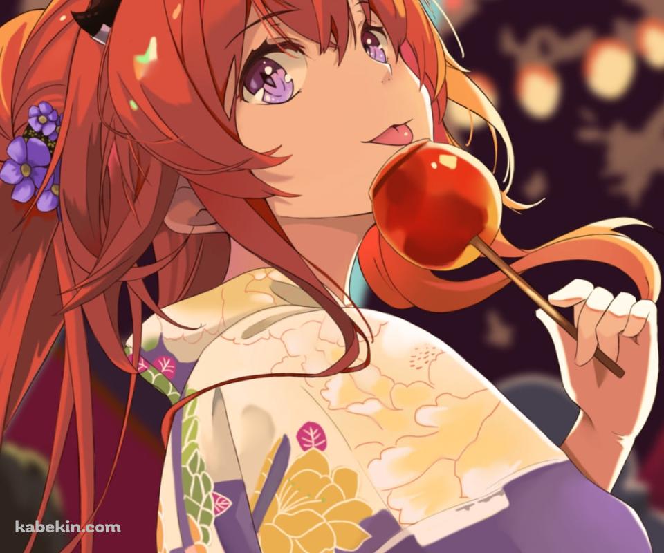 あんず飴を舐めるスルト / 黄色い浴衣 / 夏祭り / 屋台 / アークナイツのAndroidの壁紙(960px x 800px) スマホ用