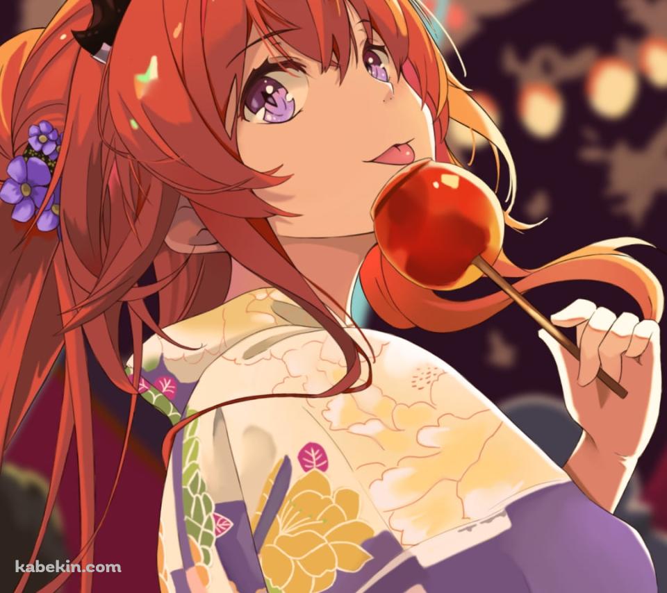 あんず飴を舐めるスルト / 黄色い浴衣 / 夏祭り / 屋台 / アークナイツのAndroidの壁紙(960px x 854px) スマホ用