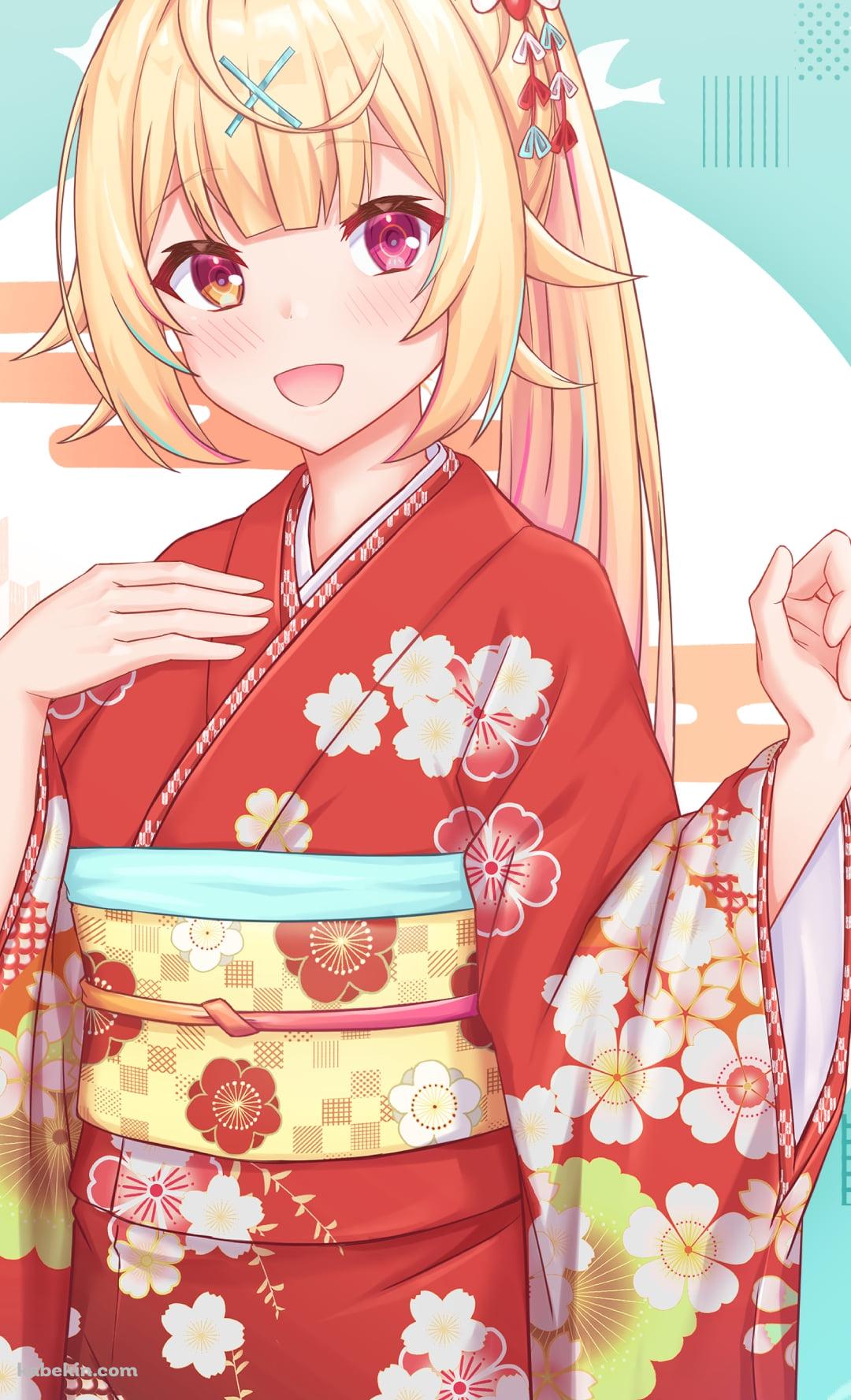 梅の花の絵柄の赤い着物を着た星川サラ / にじさんじ / バーチャルYouTuber / VtuberのAndroidの壁紙(1080px x 1776px) スマホ用