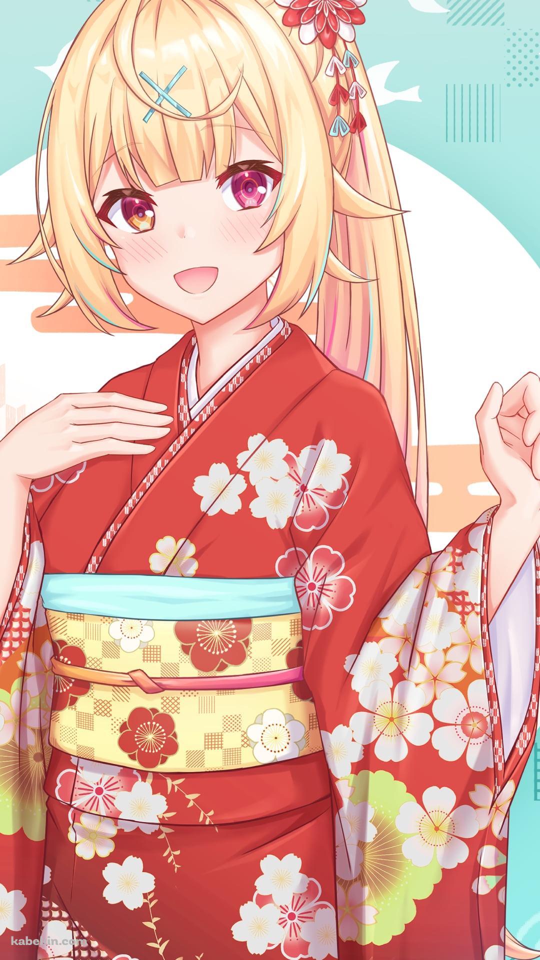 梅の花の絵柄の赤い着物を着た星川サラ / にじさんじ / バーチャルYouTuber / VtuberのAndroidの壁紙(1080px x 1920px) スマホ用