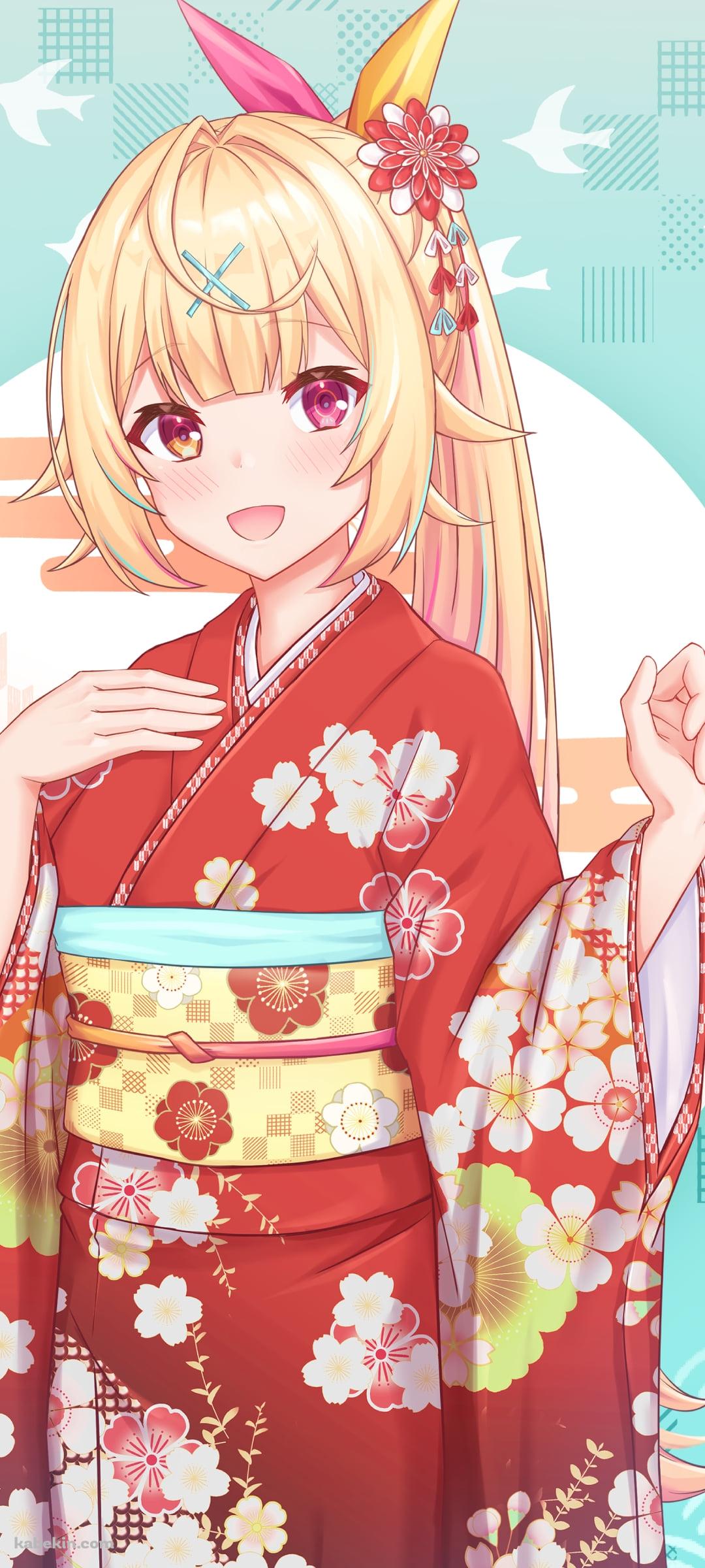 梅の花の絵柄の赤い着物を着た星川サラ / にじさんじ / バーチャルYouTuber / VtuberのAndroidの壁紙(1080px x 2400px) スマホ用