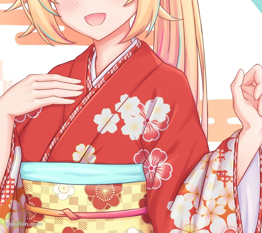 梅の花の絵柄の赤い着物を着た星川サラ / にじさんじ / バーチャルYouTuber / VtuberのAndroidの壁紙(1080px x 960px) スマホ用