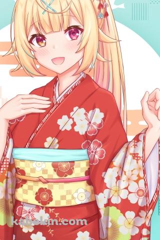 梅の花の絵柄の赤い着物を着た星川サラ / にじさんじ / バーチャルYouTuber / VtuberのAndroidの壁紙(320px x 480px) スマホ用