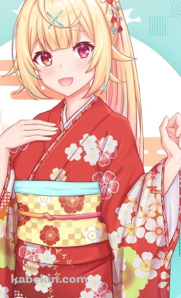 梅の花の絵柄の赤い着物を着た星川サラ / にじさんじ / バーチャルYouTuber / VtuberのAndroidの壁紙(360px x 592px) スマホ用