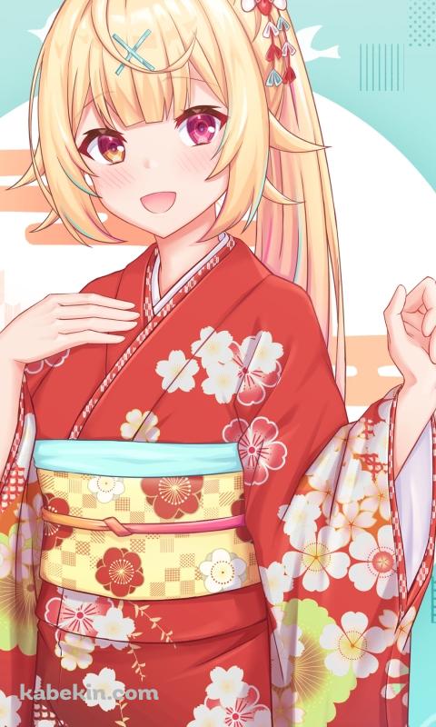 梅の花の絵柄の赤い着物を着た星川サラ / にじさんじ / バーチャルYouTuber / VtuberのAndroidの壁紙(480px x 800px) スマホ用