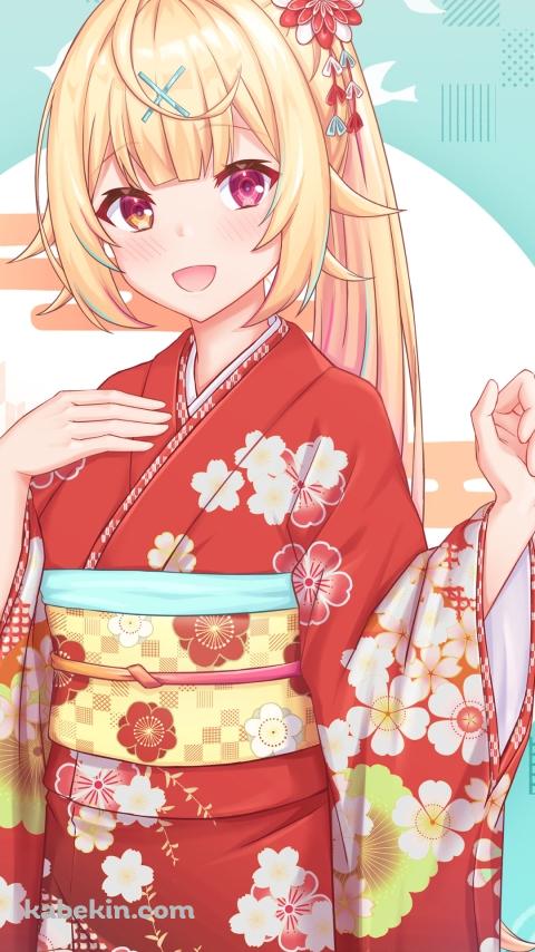 梅の花の絵柄の赤い着物を着た星川サラ / にじさんじ / バーチャルYouTuber / VtuberのAndroidの壁紙(480px x 854px) スマホ用