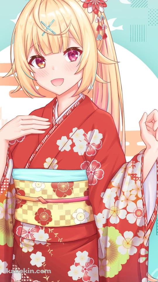 梅の花の絵柄の赤い着物を着た星川サラ / にじさんじ / バーチャルYouTuber / VtuberのAndroidの壁紙(540px x 960px) スマホ用