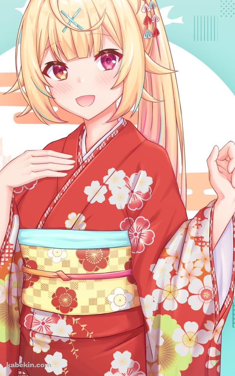 梅の花の絵柄の赤い着物を着た星川サラ / にじさんじ / バーチャルYouTuber / VtuberのAndroidの壁紙(800px x 1280px) スマホ用