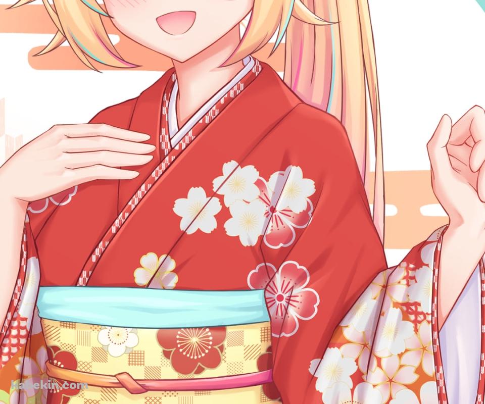 梅の花の絵柄の赤い着物を着た星川サラ / にじさんじ / バーチャルYouTuber / VtuberのAndroidの壁紙(960px x 800px) スマホ用